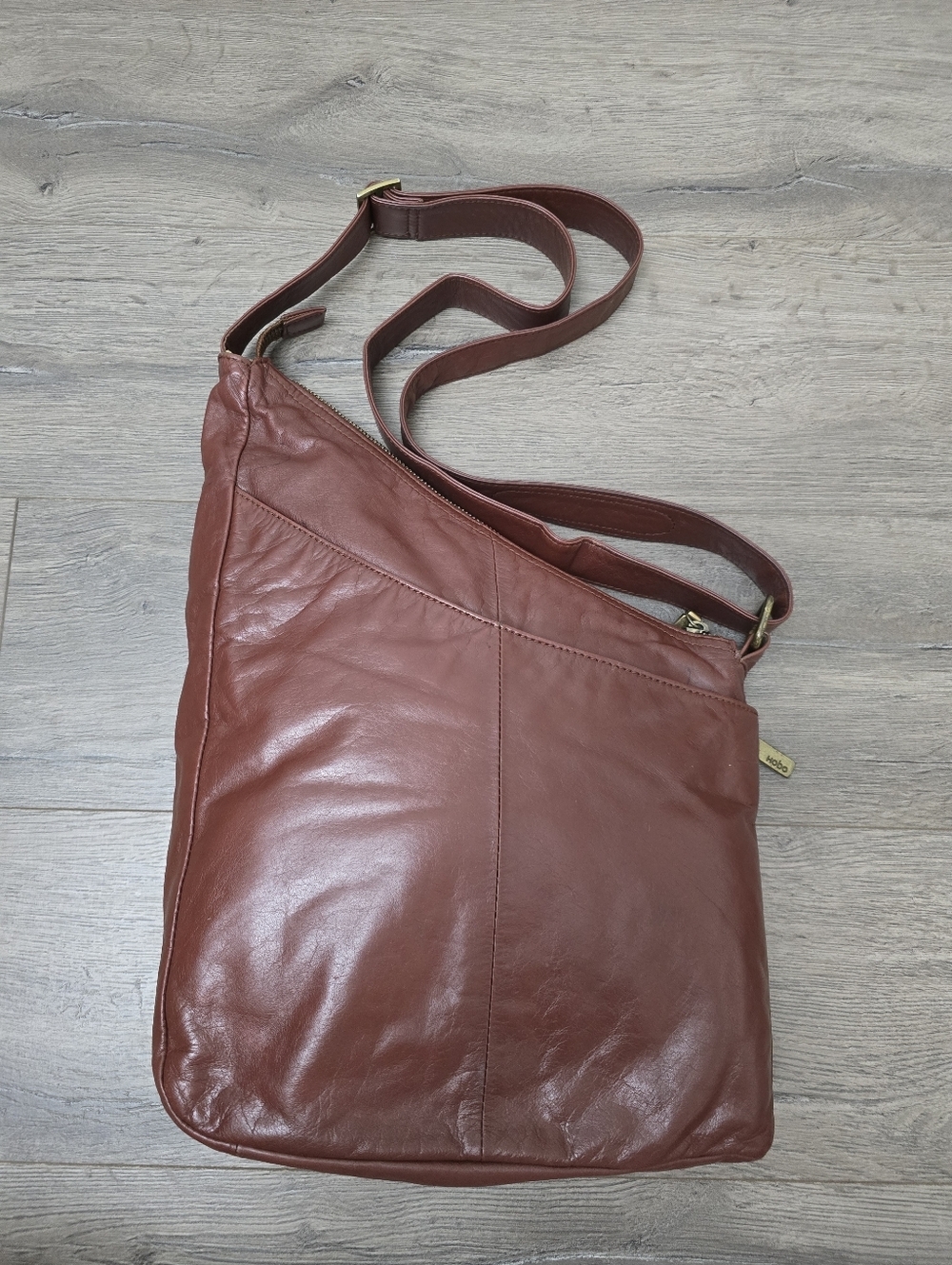 Hobo Asymeyrical Mahogony Leather Shoulder Bag Map Fabric Lining